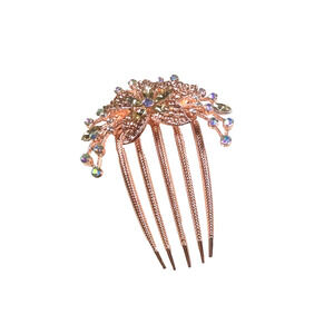 Hair Comb Rose Gold Tone Flower Rhinestones Long Hair Bun Party Dance